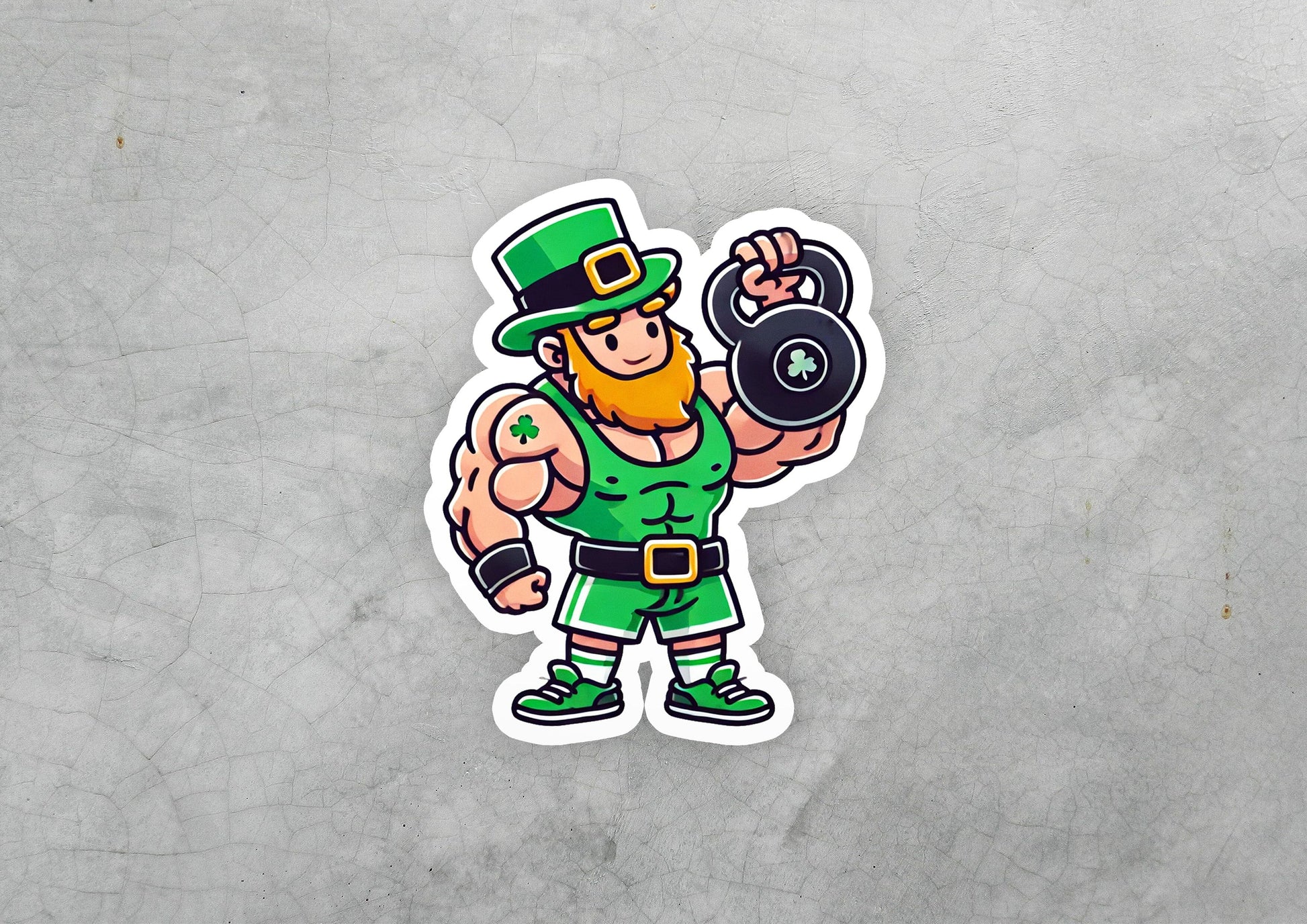 a sticker of a st patrick's lepreite holding a barbell