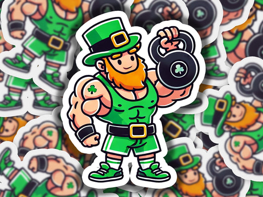 a sticker of a st patrick's day man holding a barbell