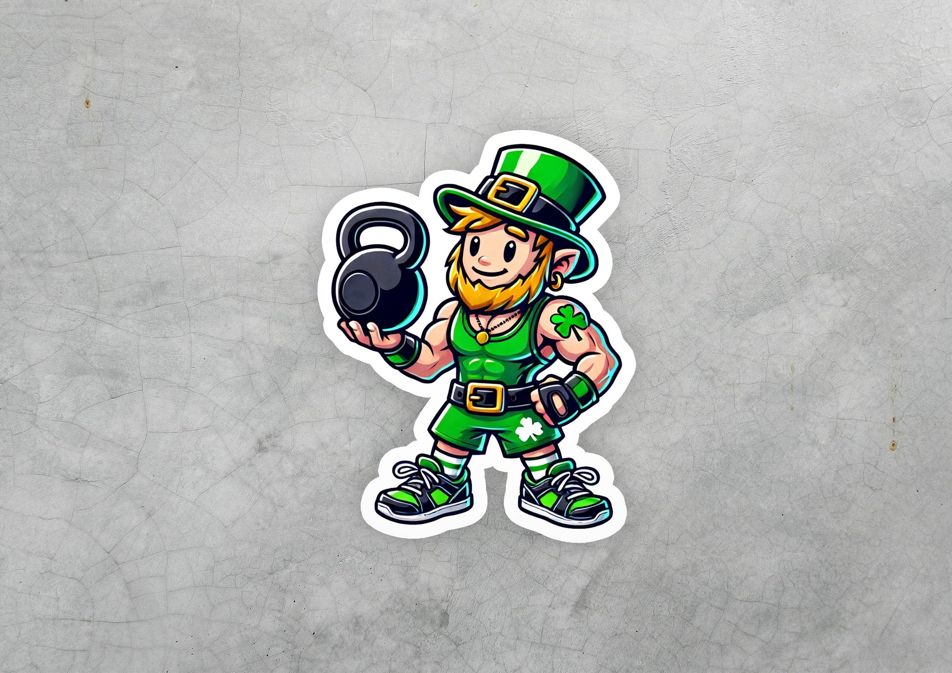 a st patrick's day sticker of a leprechaun holding a
