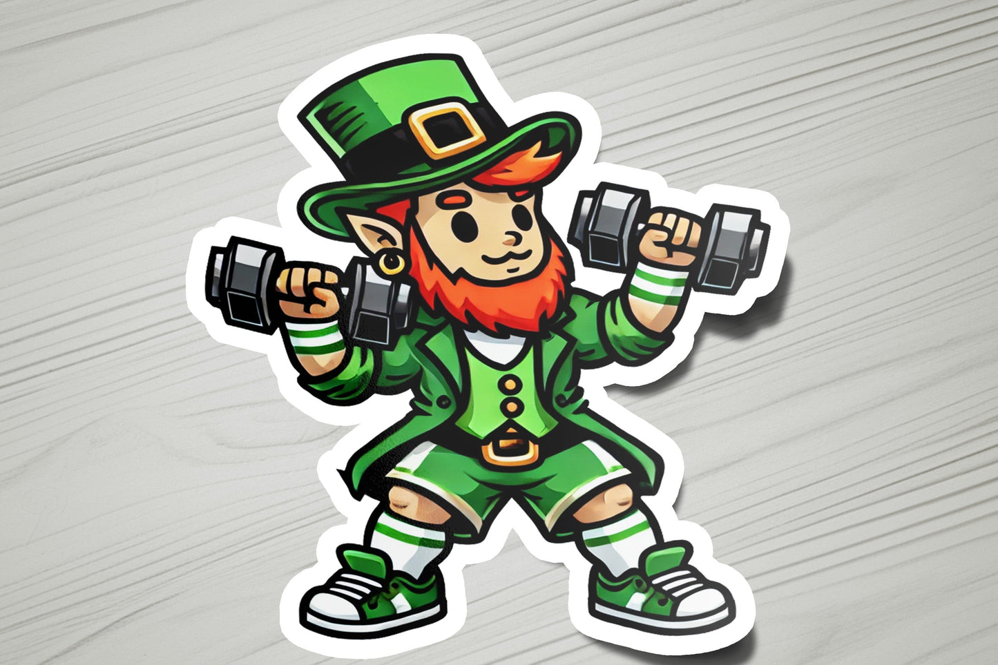 a st patrick's day sticker with a lepreite holding two dumb