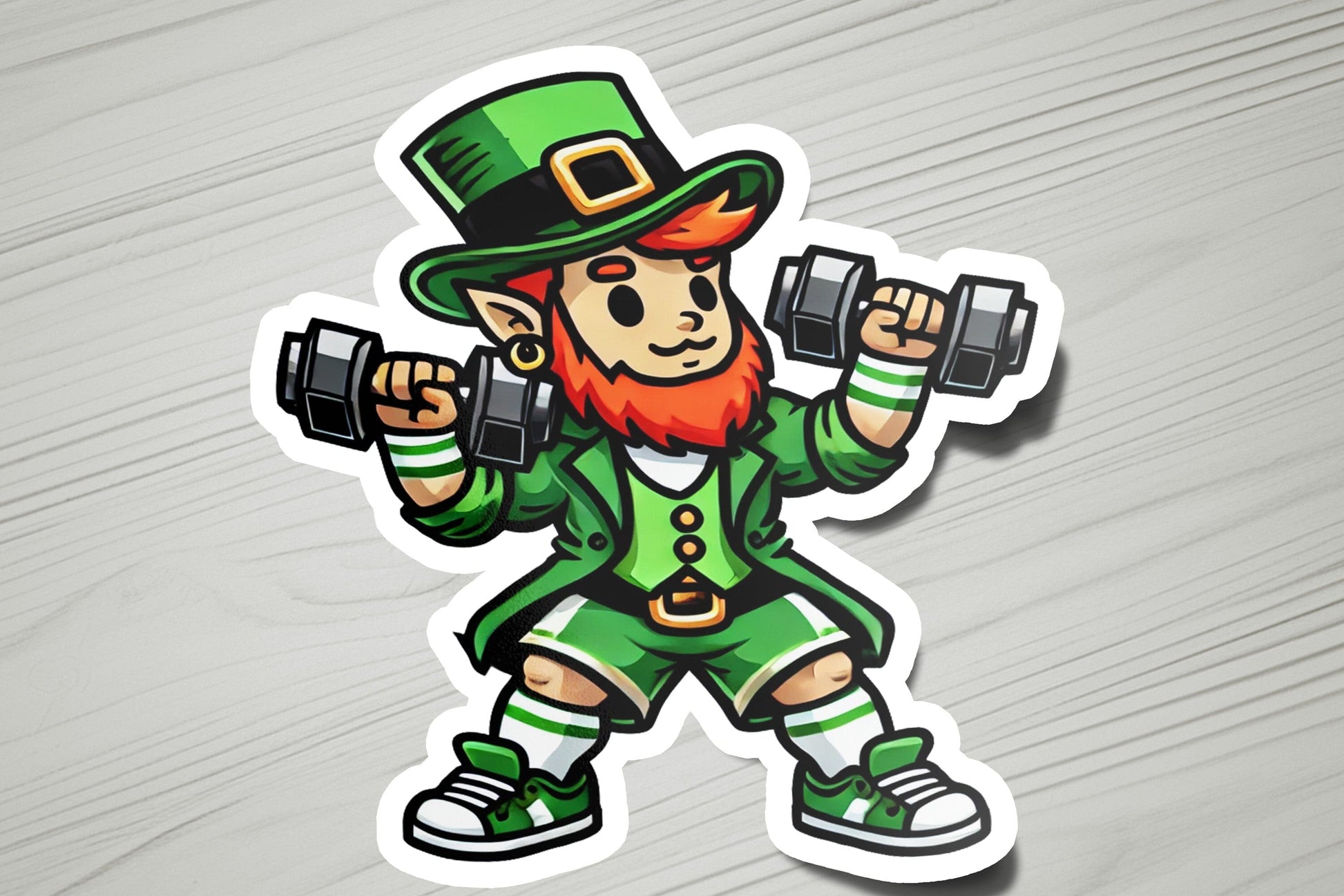 a st patrick's day sticker with a lepreite holding two dumb