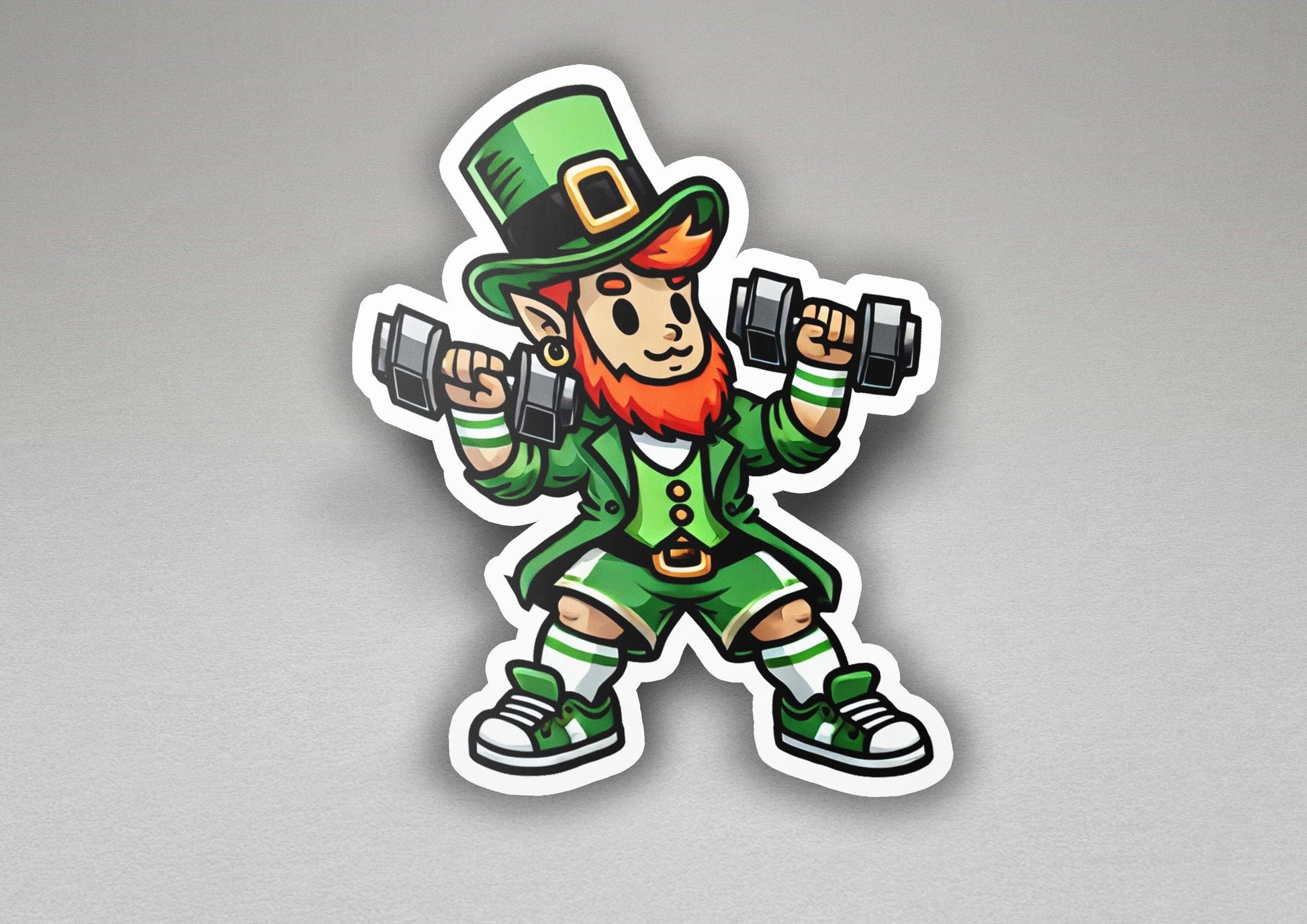 a st patrick's day sticker with a leprechaun holding two