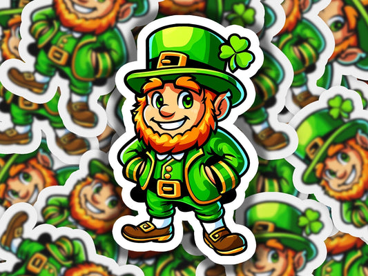 a sticker of a leprezi man surrounded by shamrocks