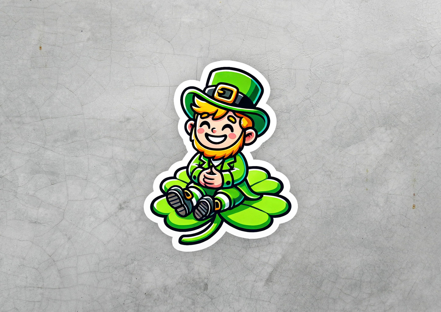 a st patrick's day sticker with a lepreti man sitting on