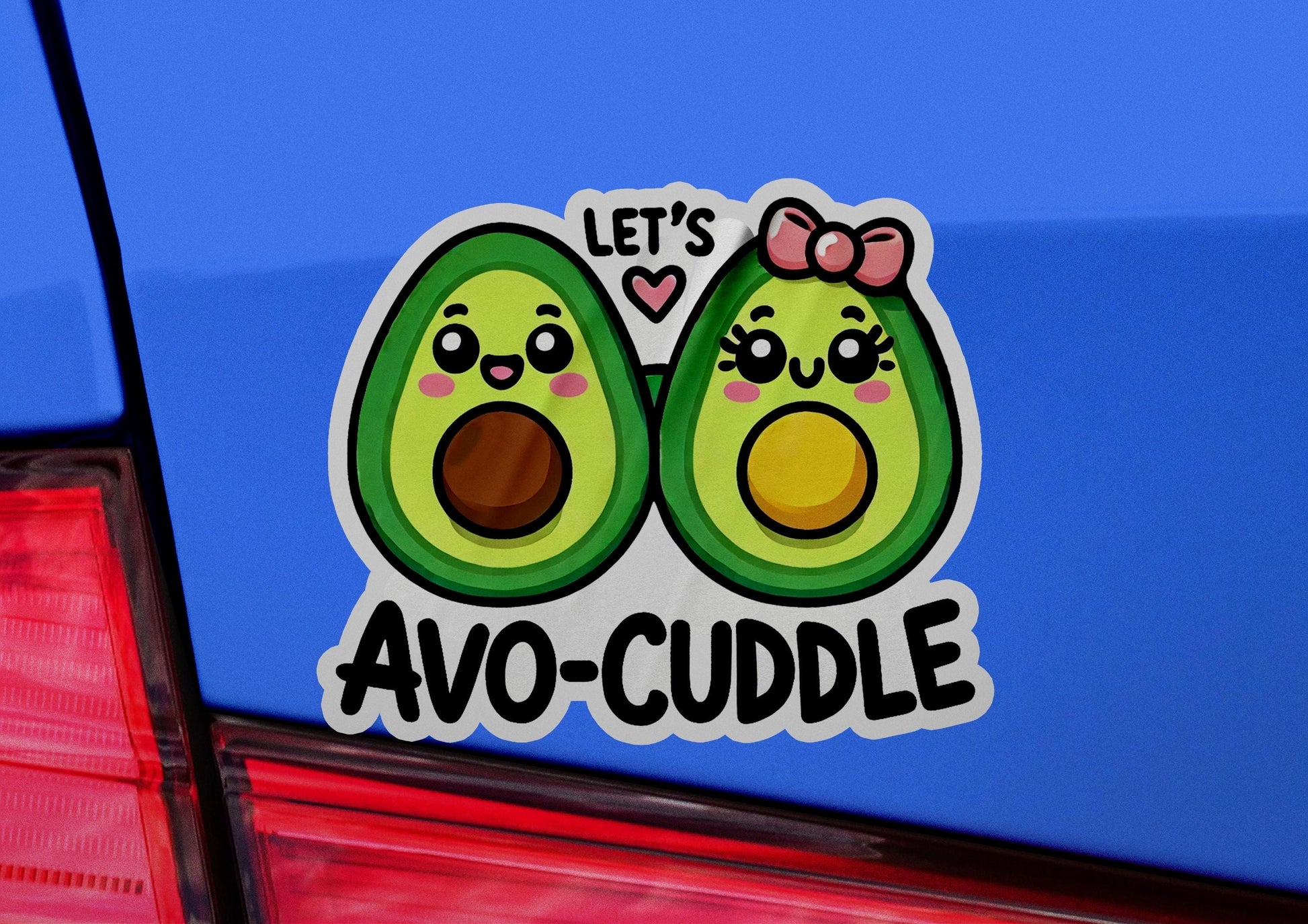 an avocado sticker on the back of a car