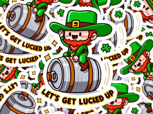 Lets Get Lucked Up Cowboy Leprechaun Keg Vinyl Sticker | Dishwasher Safe & Durable | Custom Sizes | Fast Shipping | Made in USA Fiesta Doodle waterproof vinyl sticker. dishwasher safe outdoor sticker.