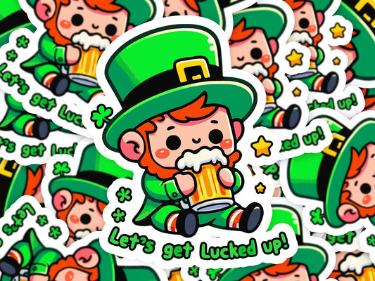 Lets Get Lucked Up Leprechaun Beer Vinyl Sticker | Dishwasher Safe & Durable | Custom Sizes | Fast Shipping | Made in USA Fiesta Doodle waterproof vinyl sticker. dishwasher safe outdoor sticker.