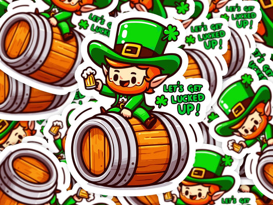 Lets Get Lucked Up Leprechaun Keg Vinyl Sticker | Dishwasher Safe & Durable | Custom Sizes | Fast Shipping | Made in USA Fiesta Doodle waterproof vinyl sticker. dishwasher safe outdoor sticker.