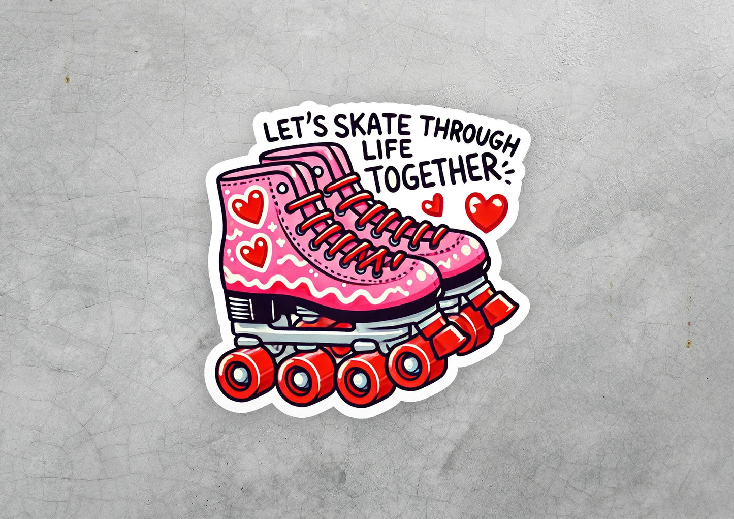 a sticker of a pink boot with hearts on it