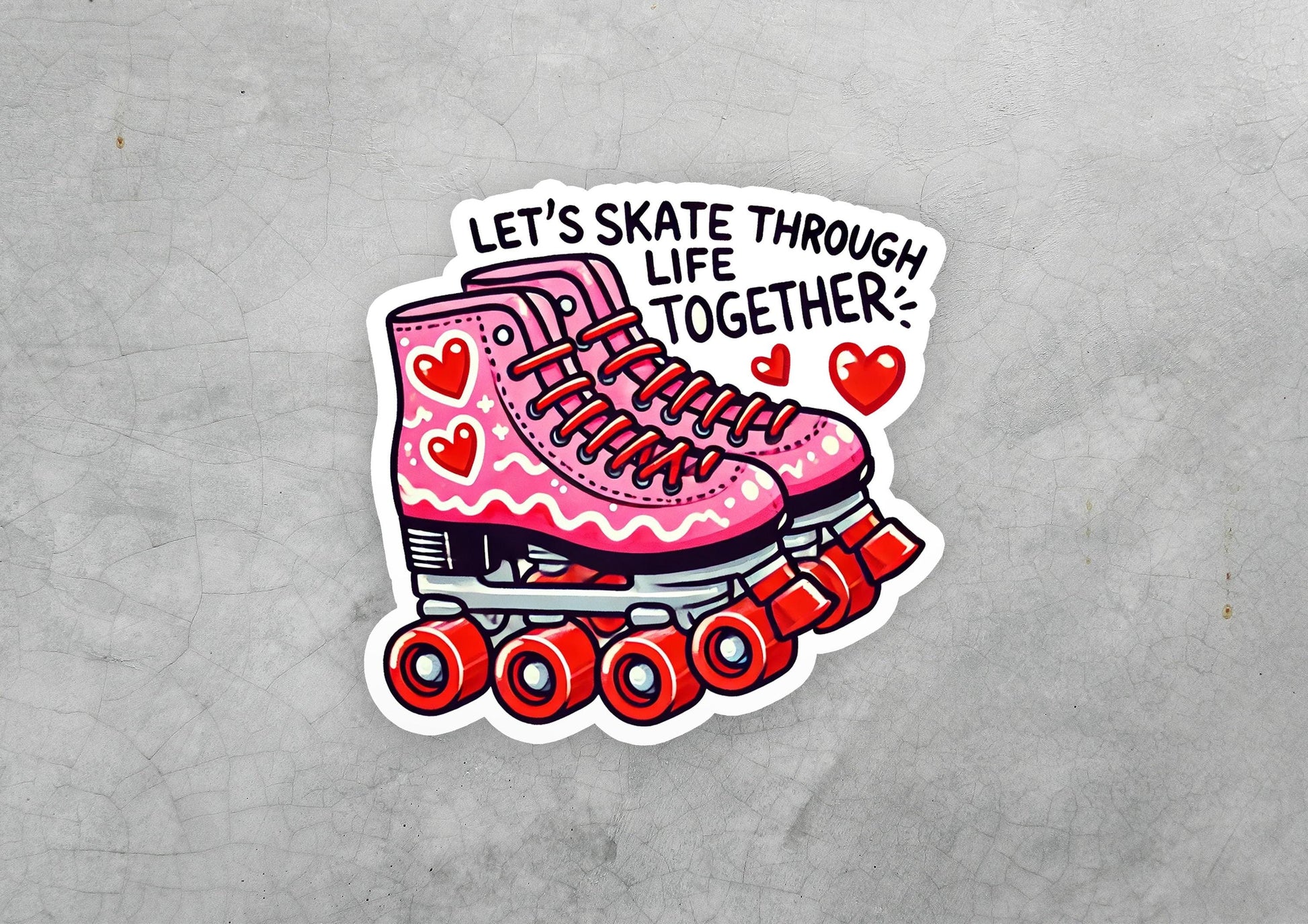a sticker of a pink boot with hearts on it