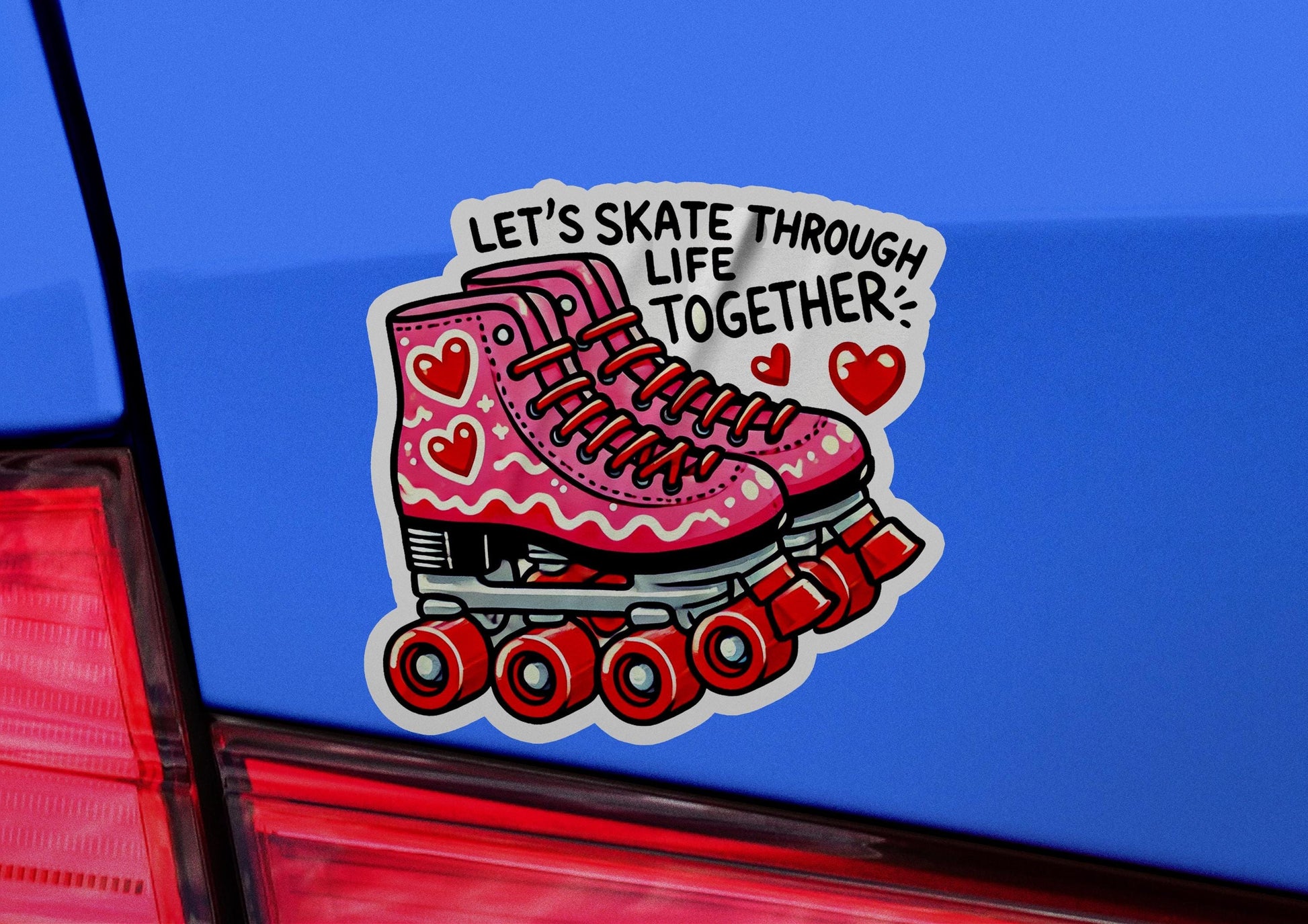 a sticker on the back of a car that says, let's skate