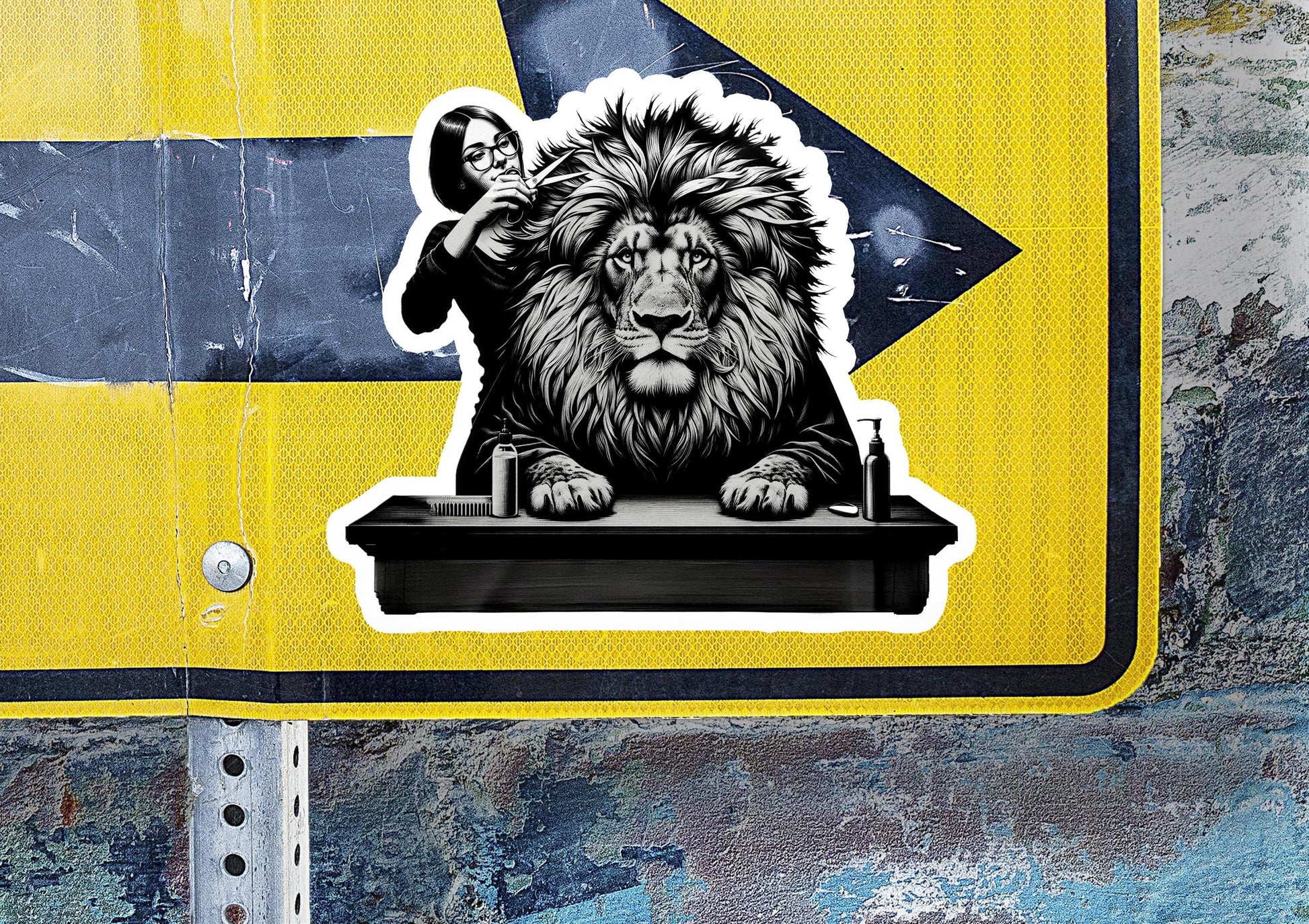 a sticker of a lion on a street sign