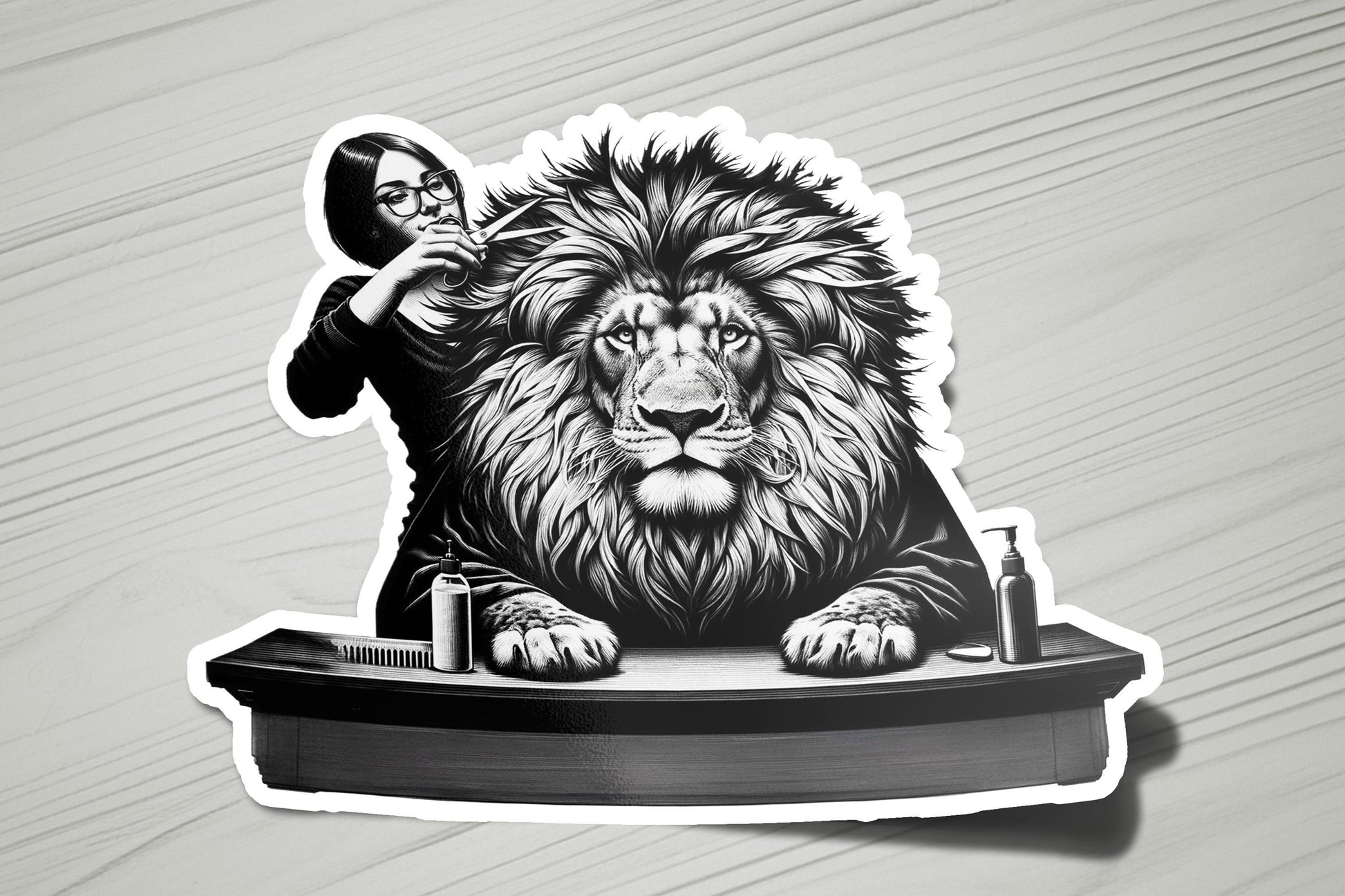 a sticker of a lion sitting on a desk