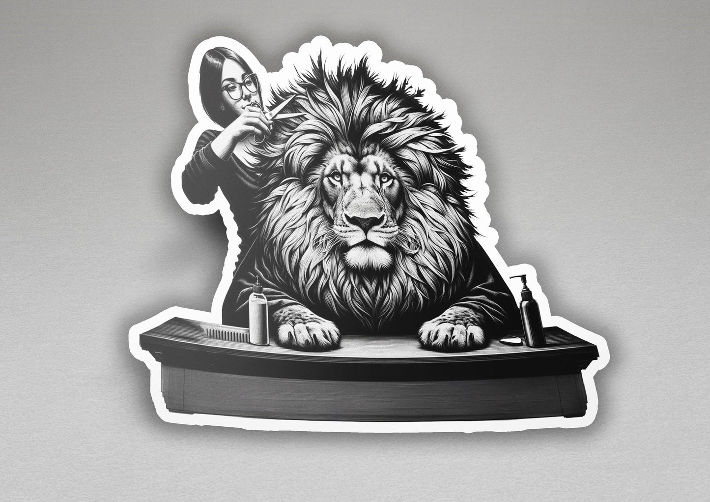 a sticker of a lion with a magnifying glass