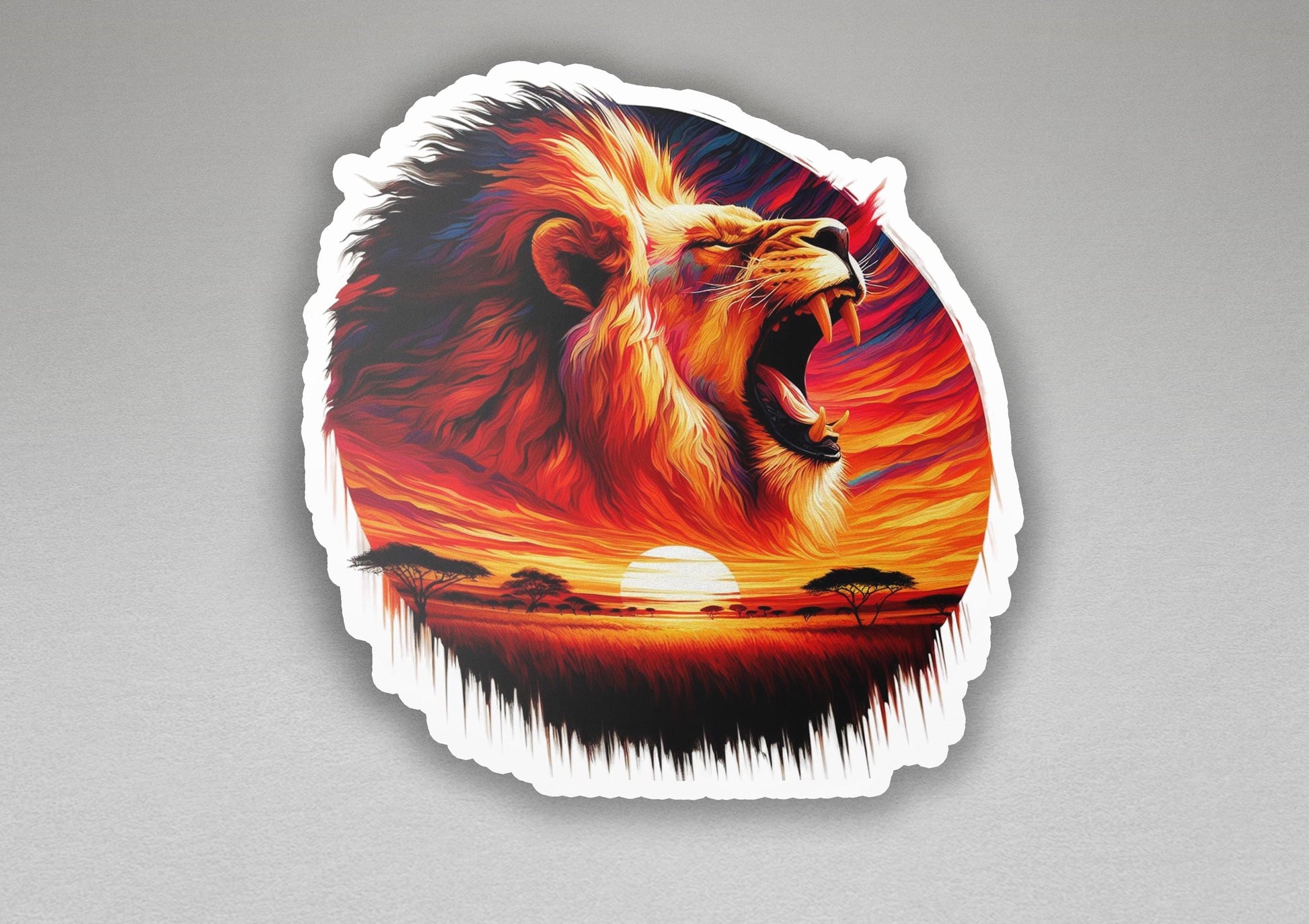 a sticker of a lion roaring at the sunset