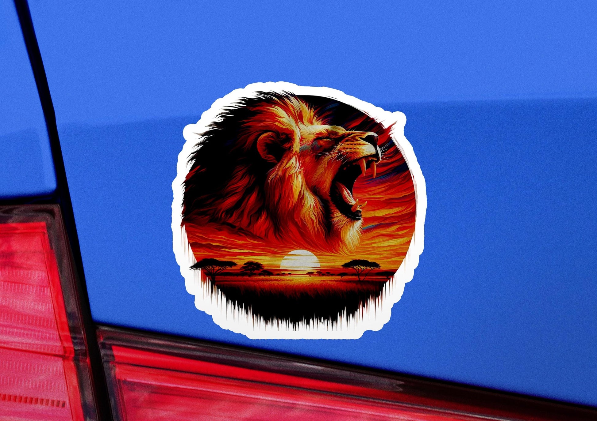 a lion sticker on the back of a car