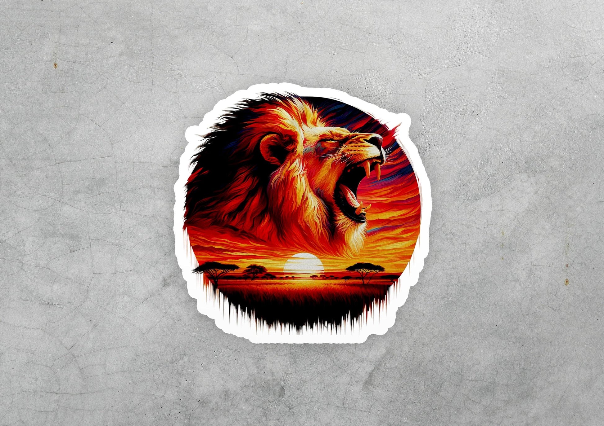 a sticker of a lion with its mouth open
