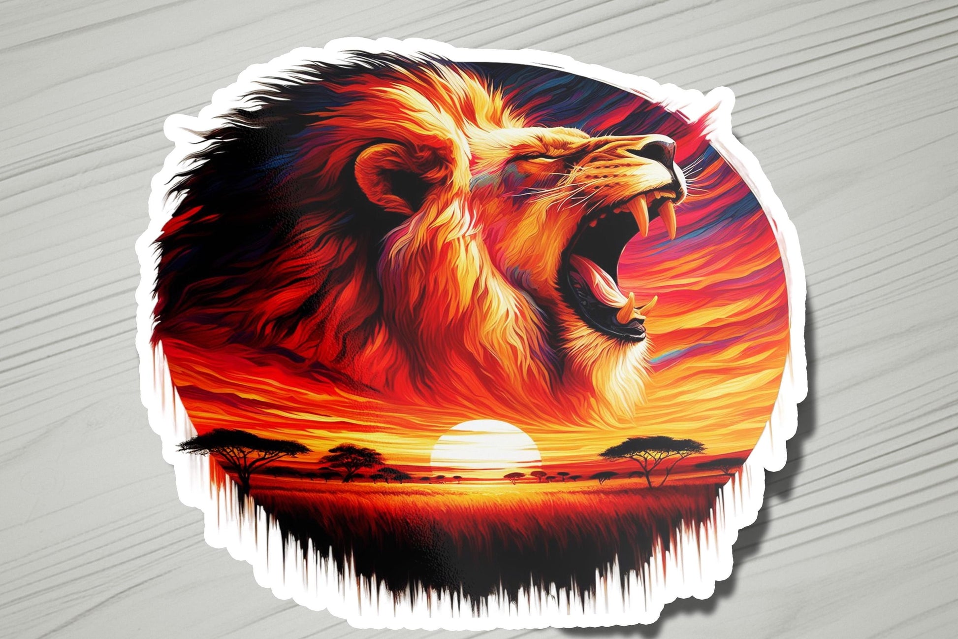 a sticker of a lion roaring at the sunset