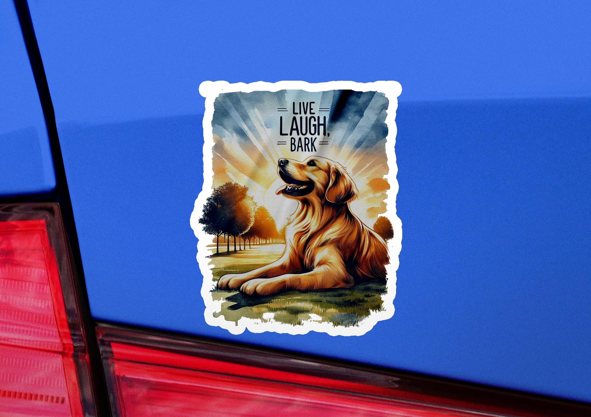 a sticker of a dog sitting on the back of a car