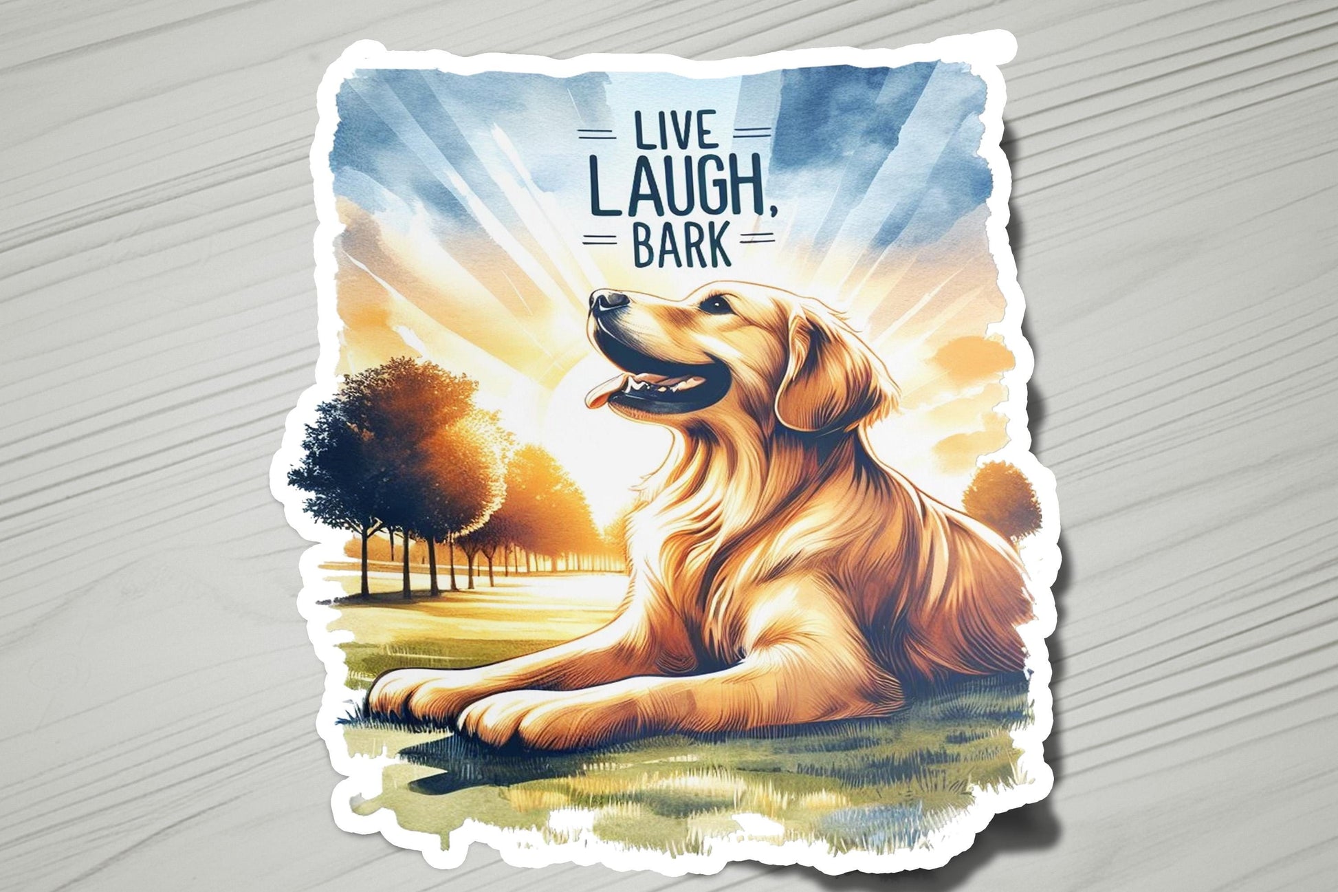 a sticker of a golden retriever sitting in the grass