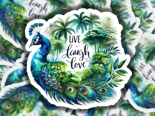 a sticker that says live laugh love with a peacock surrounded by palm trees