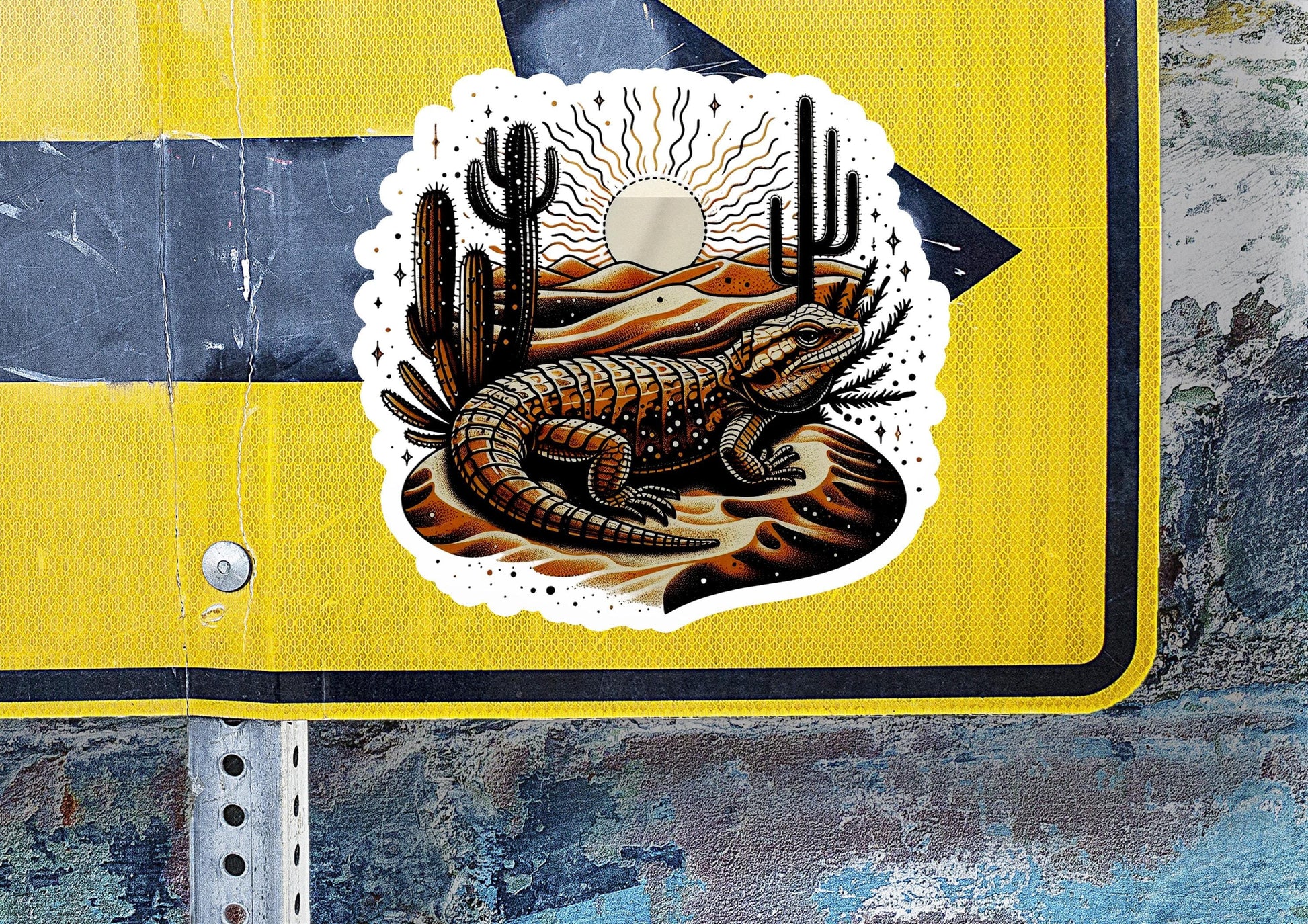 a sticker of a lizard on a road sign