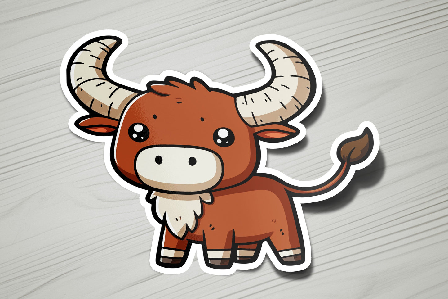 a sticker of a brown cow with horns