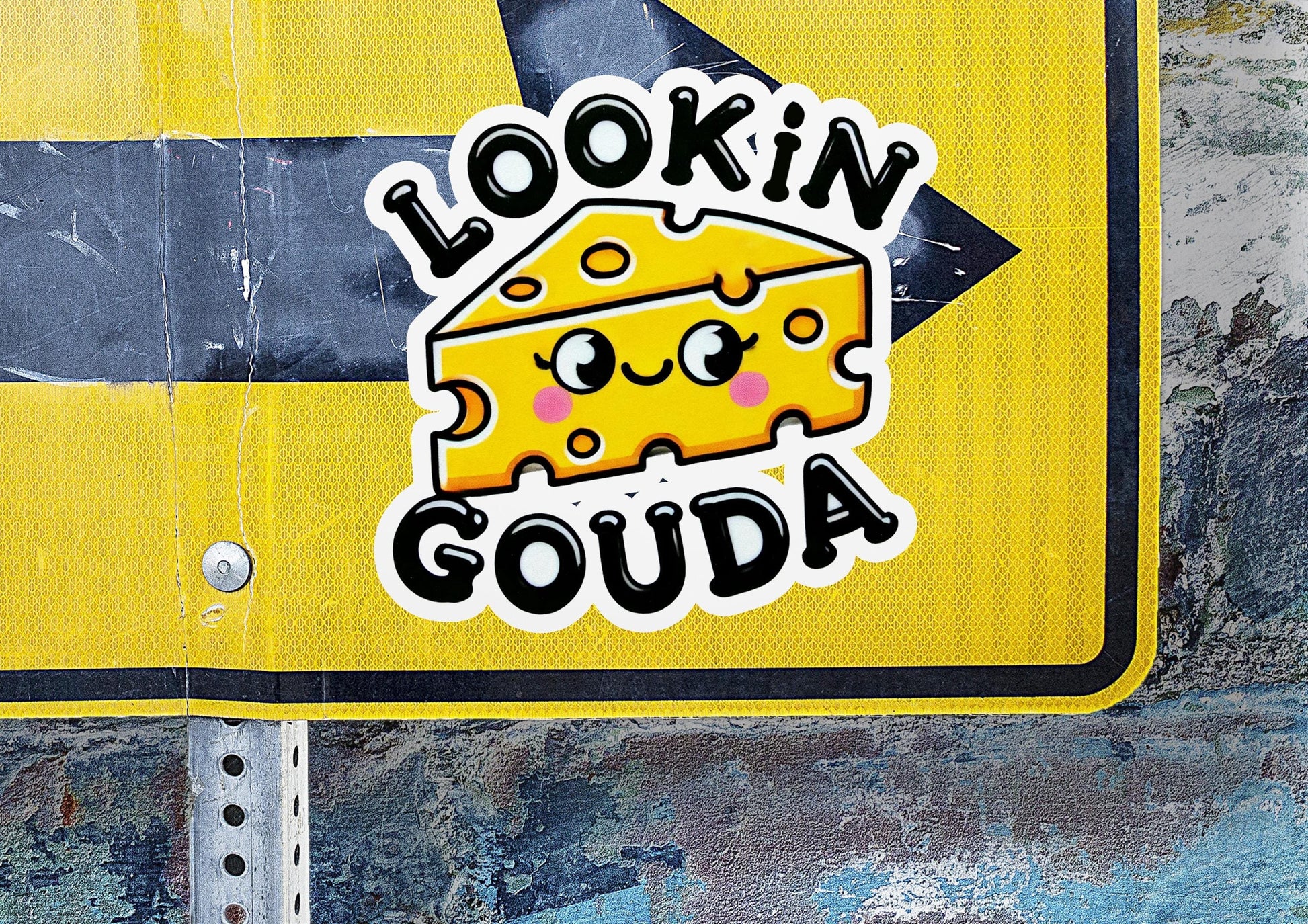 a street sign with a piece of cheese on it