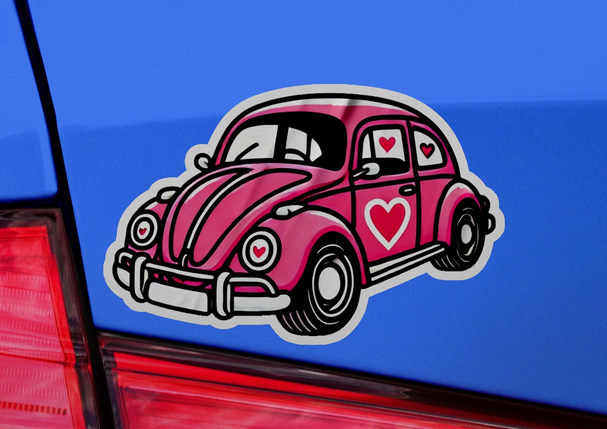 a sticker of a pink car with a heart on it