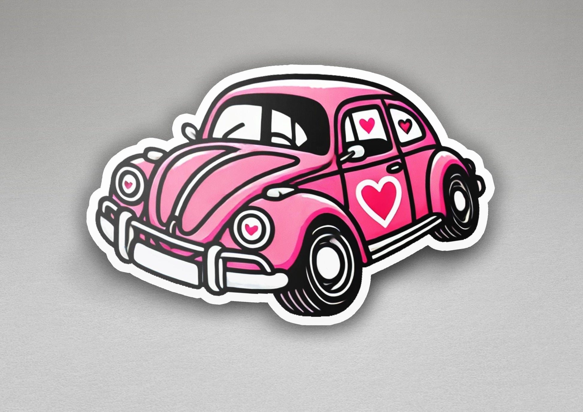 a sticker of a pink car with a heart on it