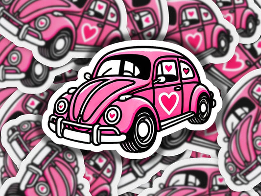 a sticker of a pink car with hearts on it