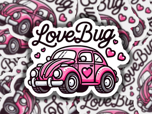 a sticker of a pink car with hearts on it