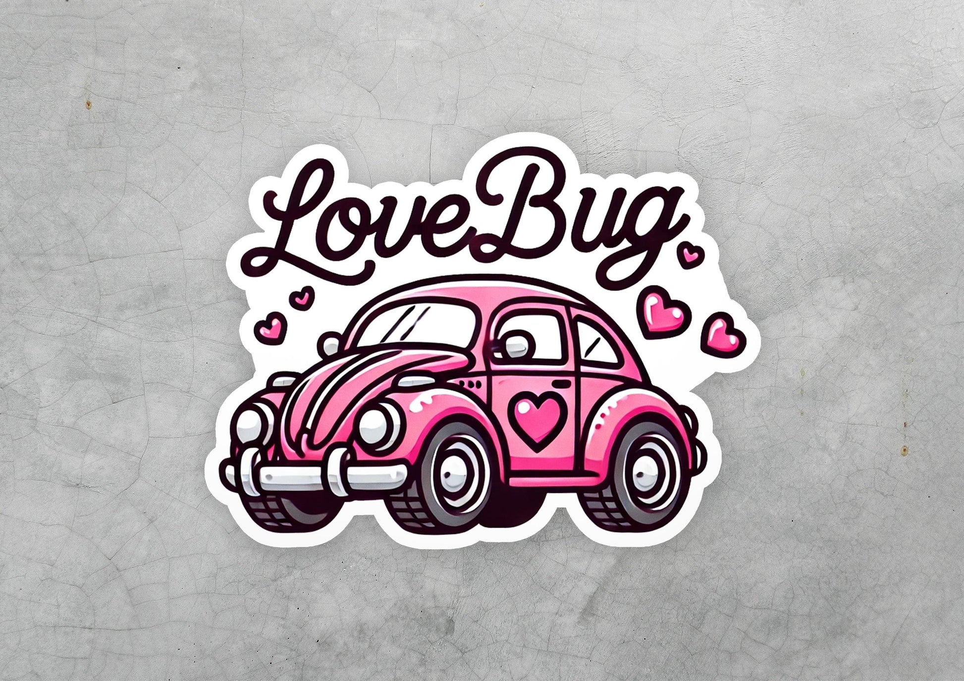 a sticker of a pink car with the words love bug on it