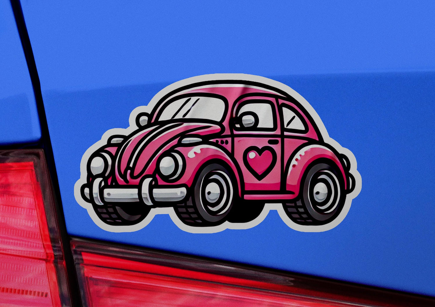 a sticker of a pink car with a heart on it