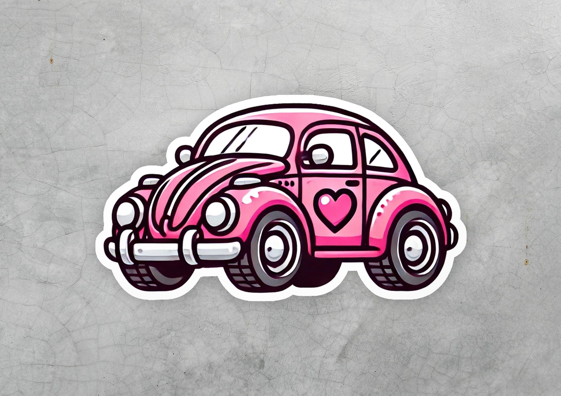 a sticker of a pink car with a heart on it
