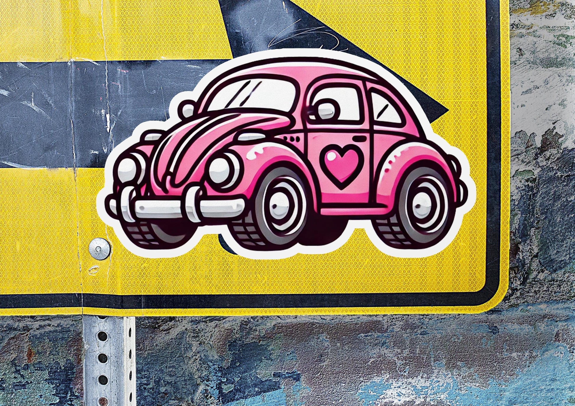 a sticker of a pink car with a heart on it