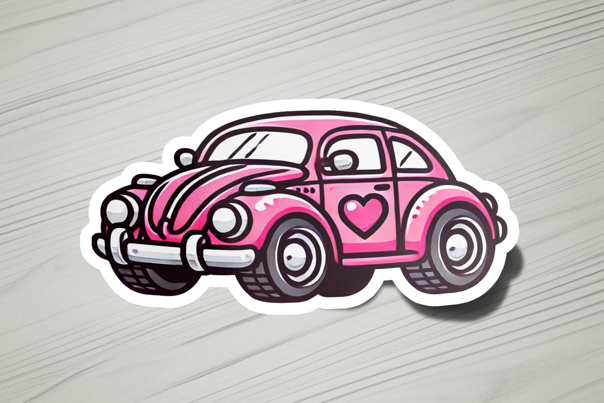 a sticker of a pink car with a heart on it