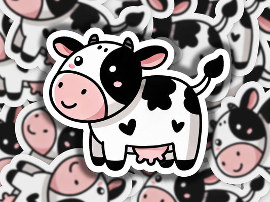 a black and white cow surrounded by pink and white cows