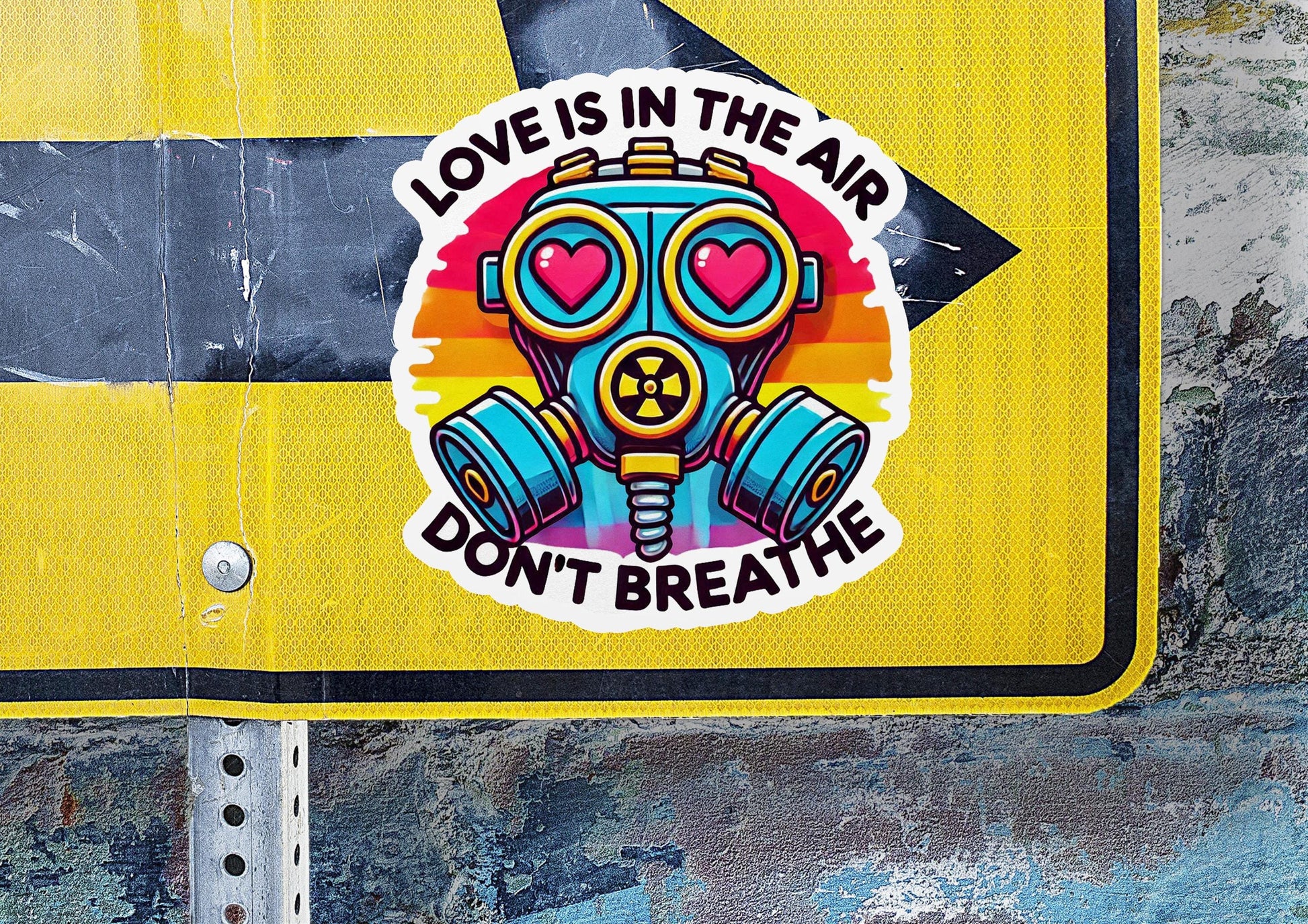 a sticker of a gas mask with words love is in the air don '