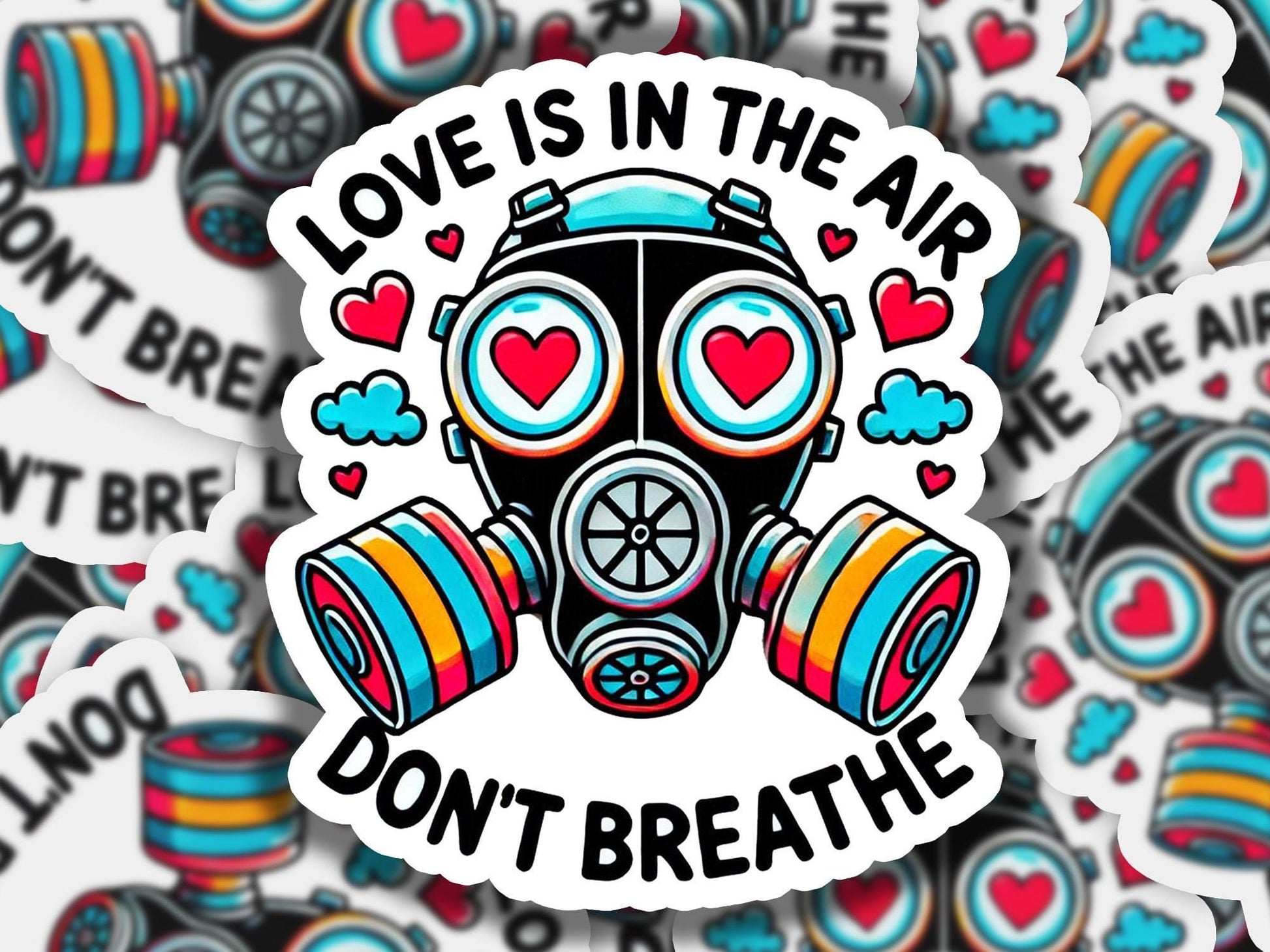 Love is in the Air. Don't Breathe Vinyl Sticker | Dishwasher Safe & Durable | Custom Sizes | Fast Shipping | Made in USA 2 Fiesta Doodle waterproof vinyl sticker. dishwasher safe outdoor sticker.
