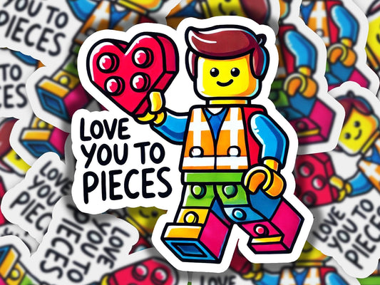 a sticker of a lego man holding a heart