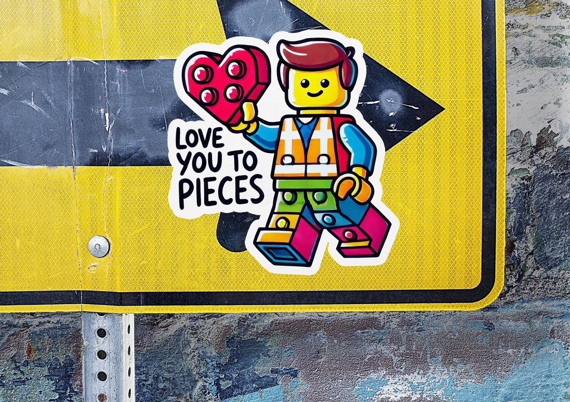 a yellow street sign with a sticker of a man holding a heart