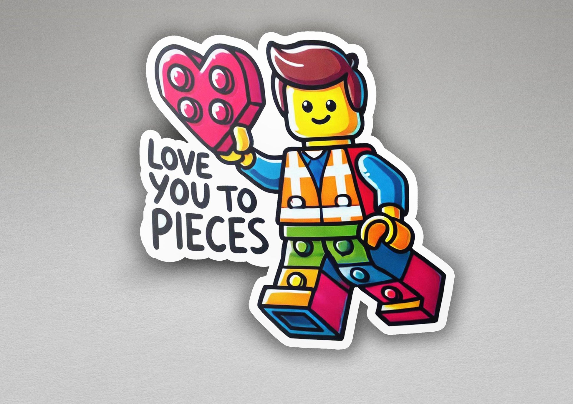 a sticker of a lego man holding a heart