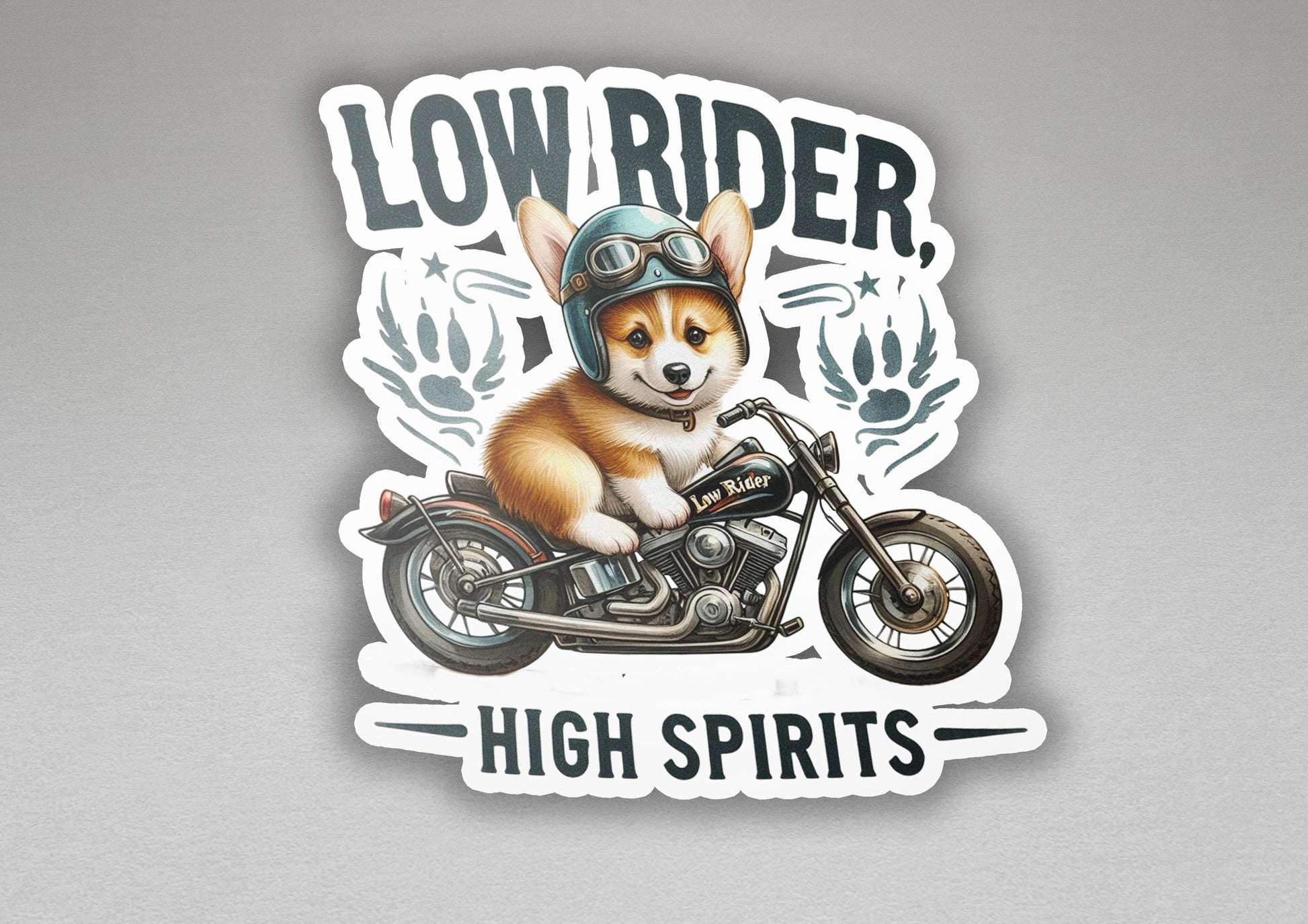 a sticker of a dog riding a motorcycle