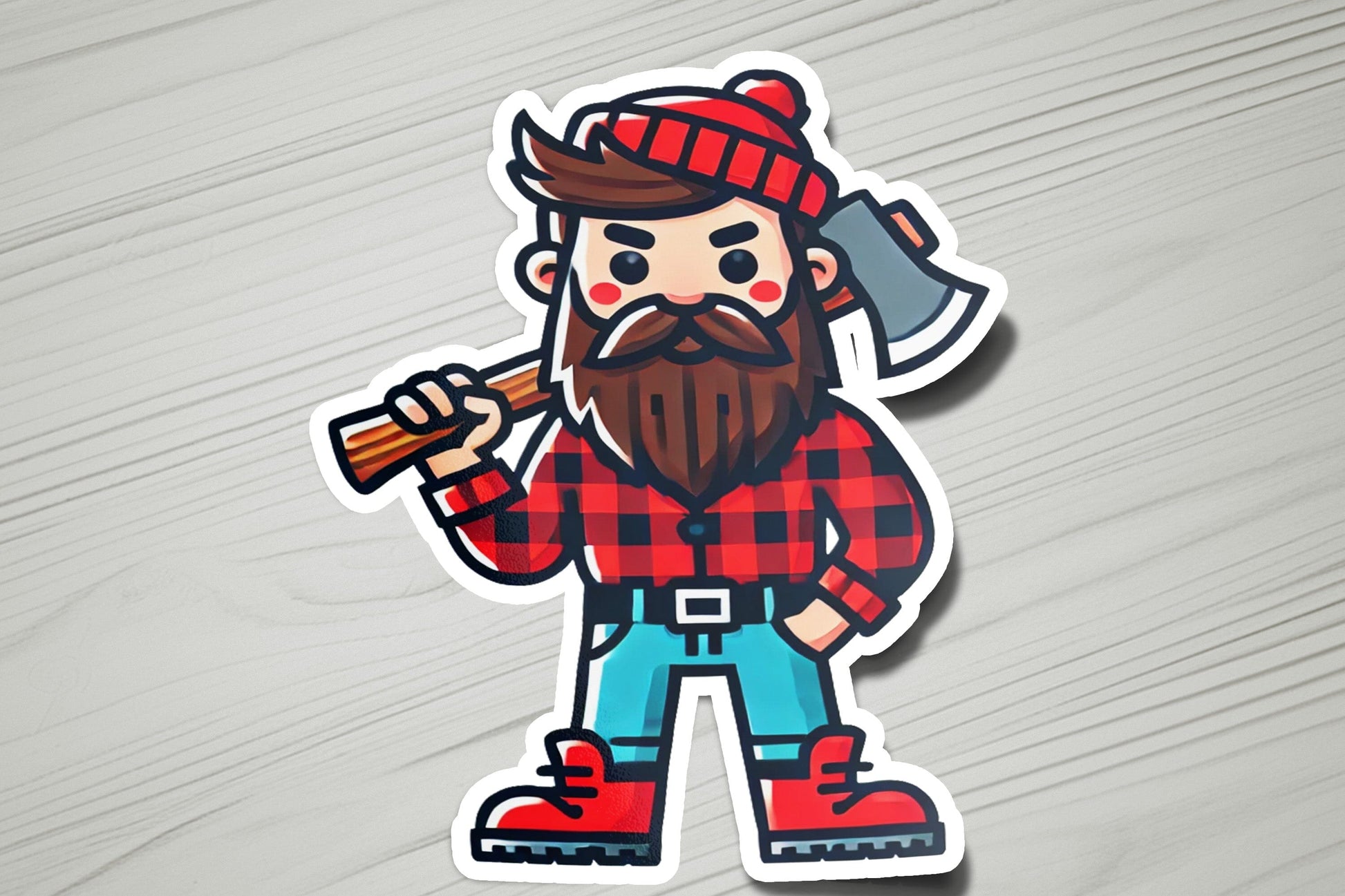 a sticker of a lumber man with an axe