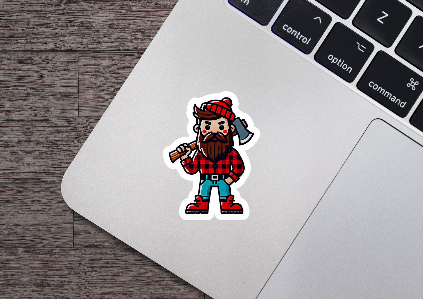 a laptop with a sticker of a lumber man