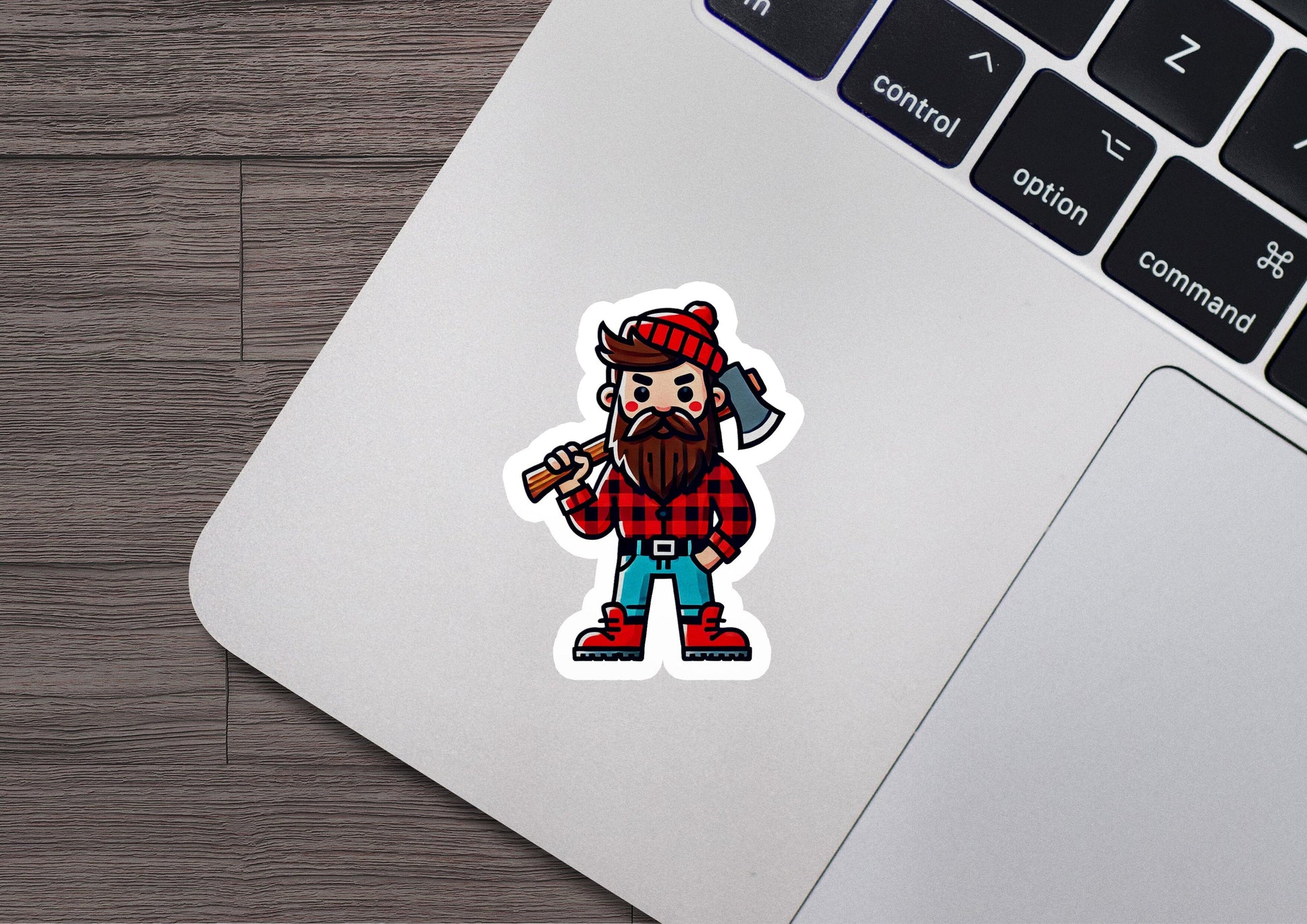 a laptop with a sticker of a lumber man