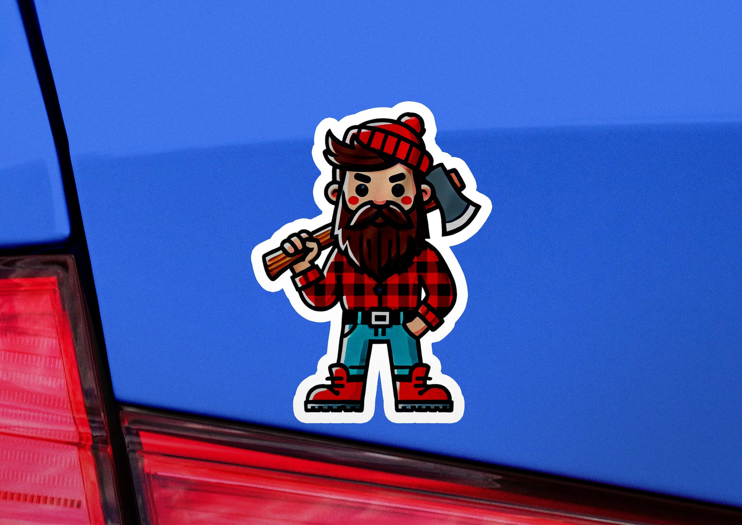 a car with a sticker of a lumber man
