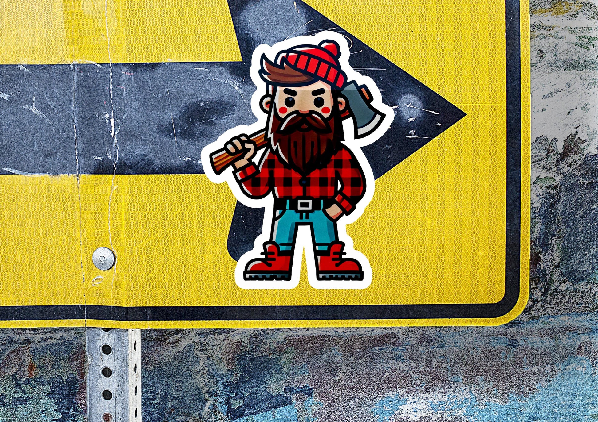 a sticker of a lumber man holding a baseball bat