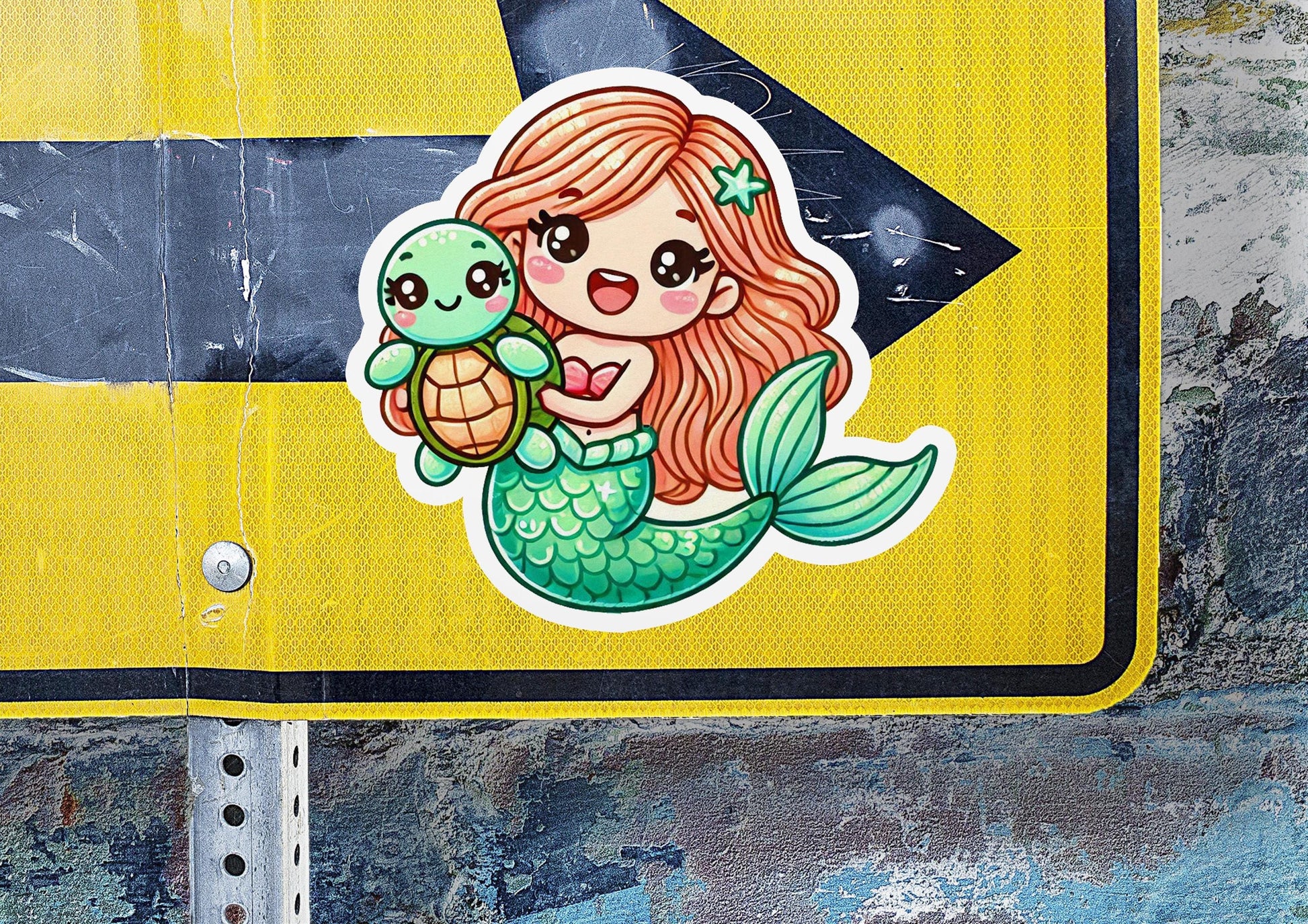 a sticker of a mermaid holding a turtle